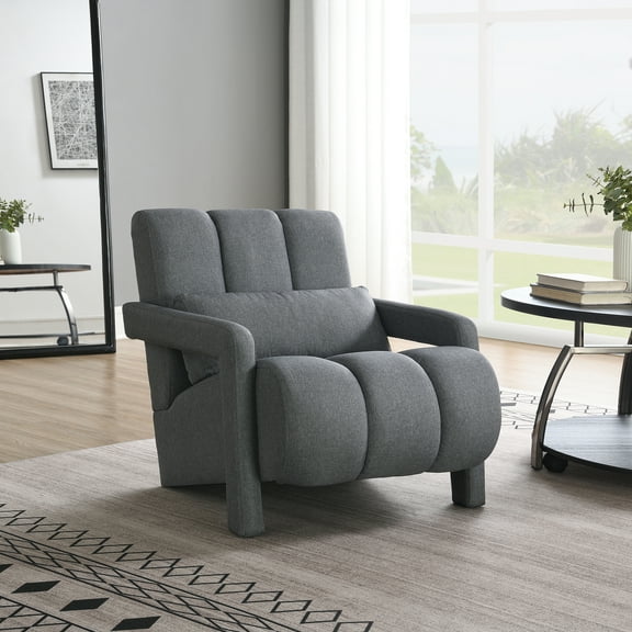 Modern Upholstered Armchair,Comfortable Linen Fabric with Pillow, Dark Grey Sofa Chair