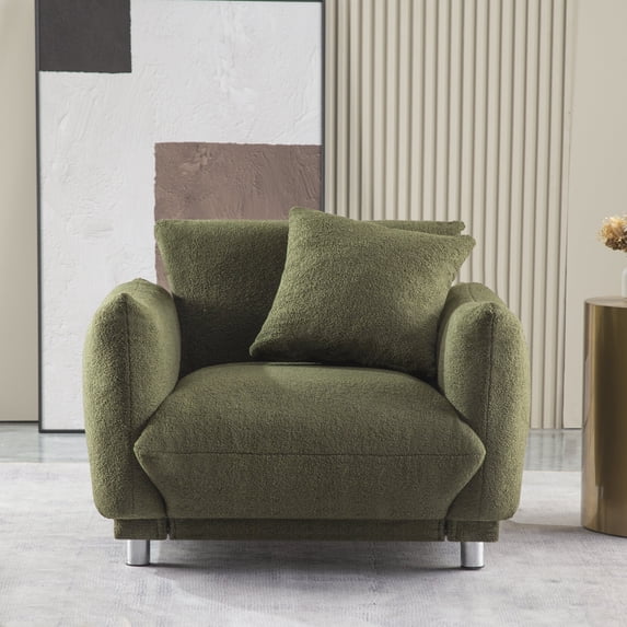 Modern Upholstered Armchair, Cute Teddy Single Chair with a Pillow, Stylish Accent Chair with 4 Metel Legs for Living Room Bedroom Apartment, Green