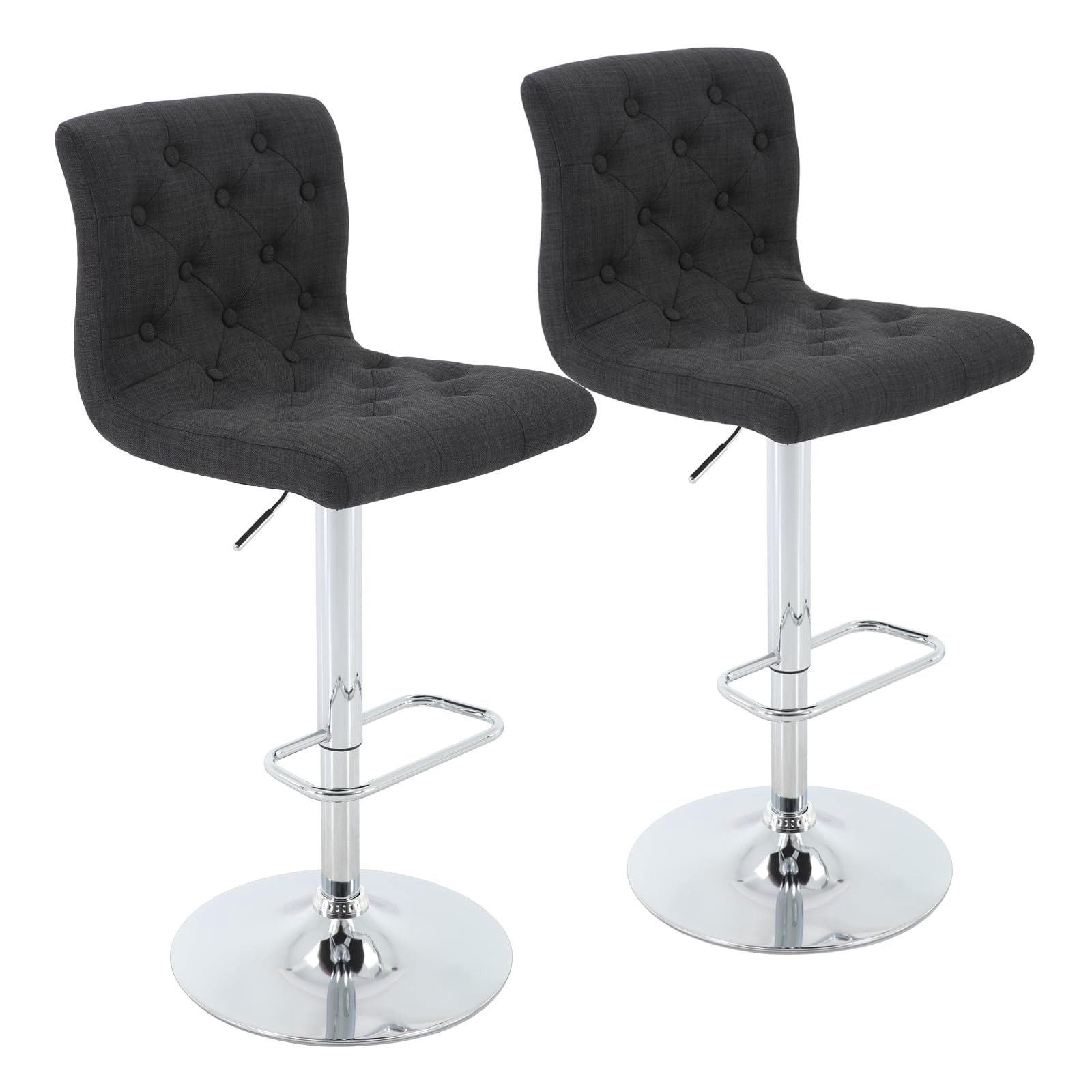 Modern Upholstered Bar Stool with Back Set of 2, Armless 360° Swivel Adjustable Height Linen Padded Bar Chair for Kitchen Island, Dining Room, or Café (Black)
