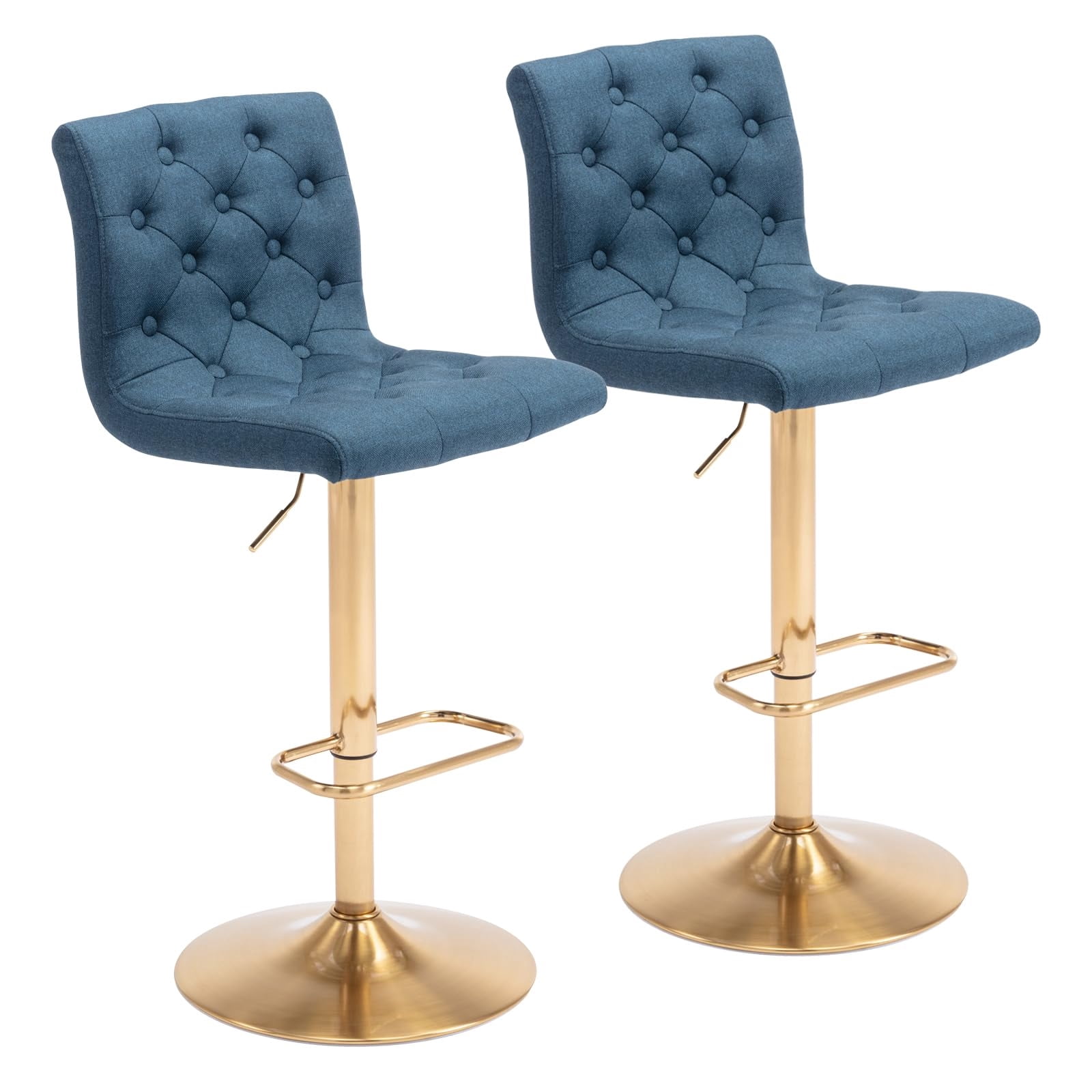 Modern Upholstered Bar Stool with Back Set of 2, Armless 360° Swivel Adjustable Height Linen Padded Bar Chair for Kitchen Island, Dining Room, or Café (Blue)