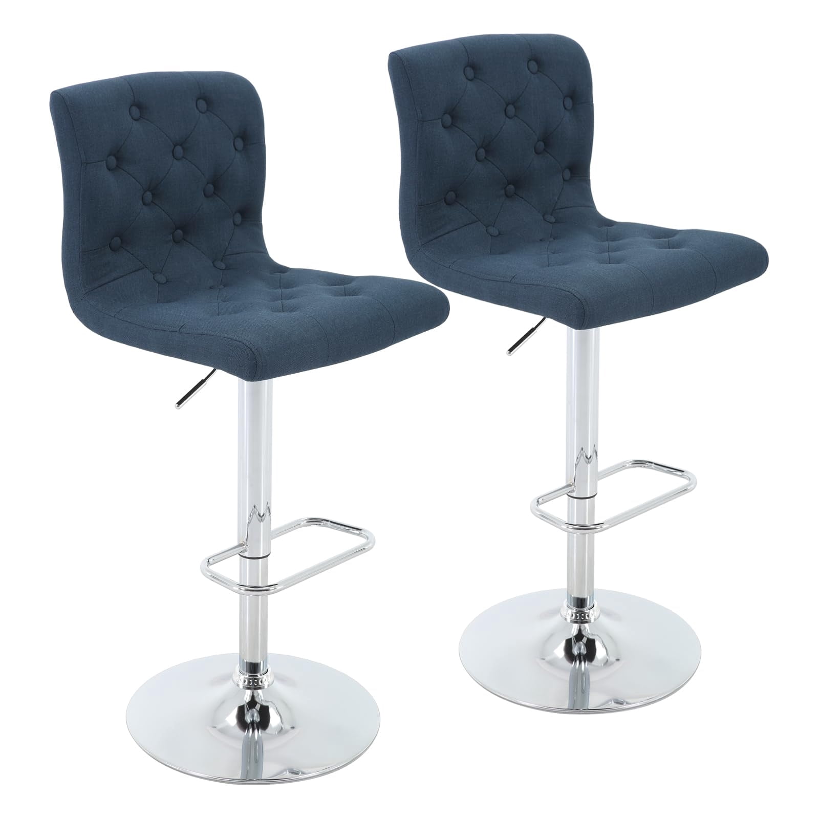 Modern Upholstered Bar Stool with Back Set of 2, Armless 360° Swivel Adjustable Height Linen Padded Bar Chair for Kitchen Island, Dining Room, or Café (Dark Blue)