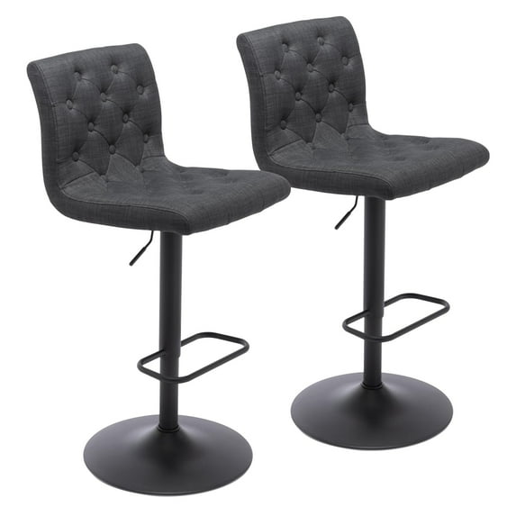 Modern Upholstered Bar Stool with Back Set of 2, Armless 360° Swivel Adjustable Height Linen Padded Bar Chair for Kitchen Island, Dining Room, or Café (Dark Gray)