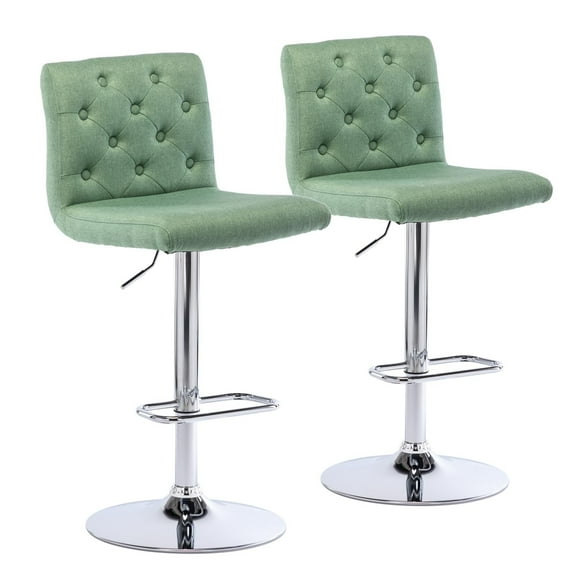 Modern Upholstered Bar Stool with Back Set of 2, Armless 360° Swivel Adjustable Height Linen Padded Bar Chair for Kitchen Island, Dining Room, or Café (Light Green)