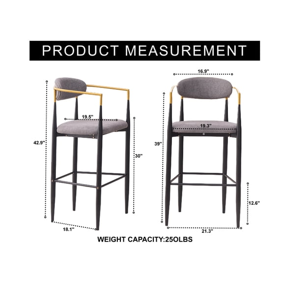 Modern Upholstered Bar Stool with Gold-Accented Armrests - 23" Seat Height,Ergonomic Design for Kitchen Island or Dining Counter Use,Set of 2 - Grey Fabric & Black Metal Frame
