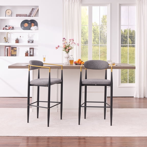 Modern Upholstered Bar Stool with Gold-Accented Armrests - 23" Seat Height,Ergonomic Design for Kitchen Island or Dining Counter Use,Set of 2 - Grey Fabric & Black Metal Frame