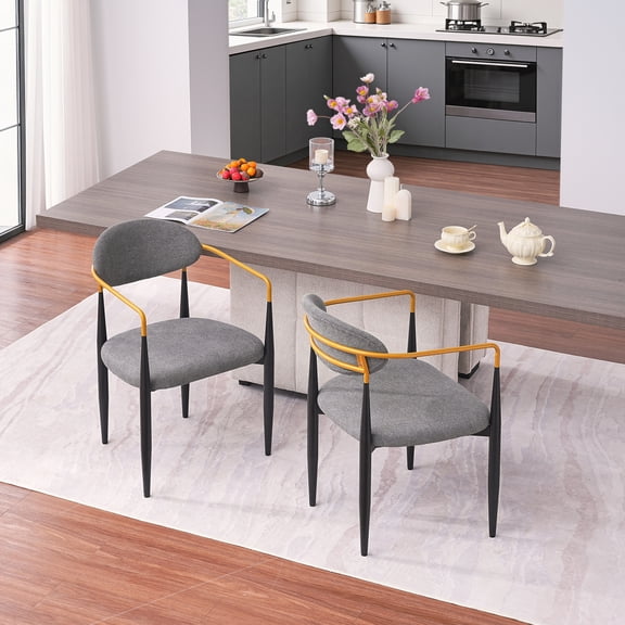 Modern Upholstered Bar Stool with Gold-Accented Armrests - 23" Seat Height,Ergonomic Design for Kitchen Island or Dining Counter Use,Set of 2 - Grey Fabric & Black Metal Frame