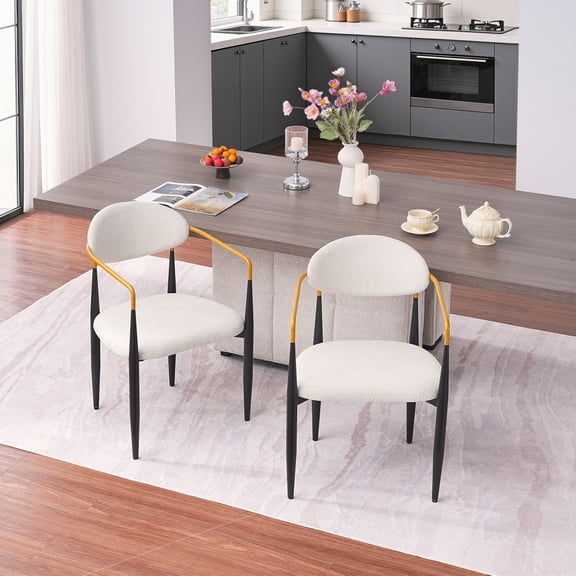 Modern Upholstered Bar Stool Set of 2 – 30" Seat Height, Gold-Accented Armrests, Beige Fabric & Black Metal Frame, Ergonomic Design for Kitchen Island & Dining Counter