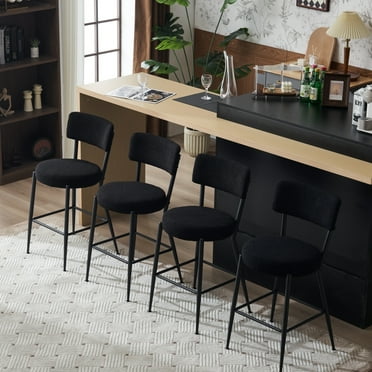 Modern Upholstered Bar Stool Set of 2, Teddy Fabric Kitchen Chair with Metal Base & Backrest, Soft High Stool for Kitchen, Living Room, 300 lbs Capacity, Black