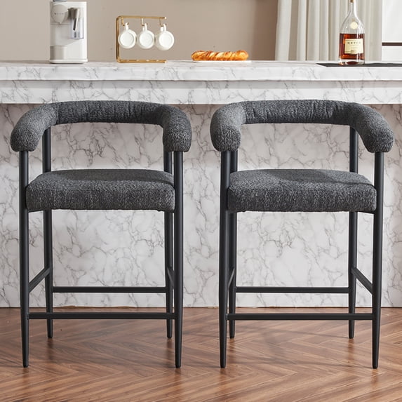Modern Upholstered Bar Stools Set of 2, Boucle Fabric Counter Height Chairs with Metal Frame & Armrests - Kitchen Island Dining Chairs for Home & Cafe Use, Dark Grey