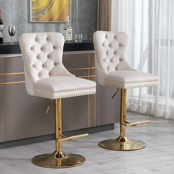 Modern Upholstered Bar Stools Set of 2,Swivel Barstools with Nailheads Trim,Velvet Button Tufted Back and Golden Footrest, Adjustable Seat Height Bar Stools for Kitchen Island,Home Bar,Pub,Beige