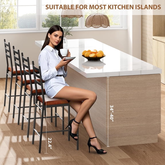 Modern Upholstered Bar Stools Set – Cushioned Dining Chairs with Ladder Back, Metal Frame, Footrest – Comfortable Counter Height Seating for Kitchen Island, Restaurant, Apartment Vintage Brown 4-Pack