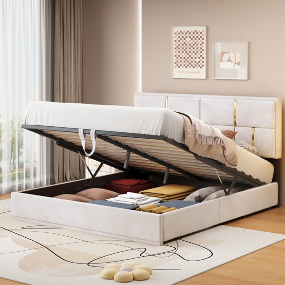 Modern Upholstered Bed Frame Queen Size, Lift Up Storage Bed with Headboard, No Box Spring Needed, Beige