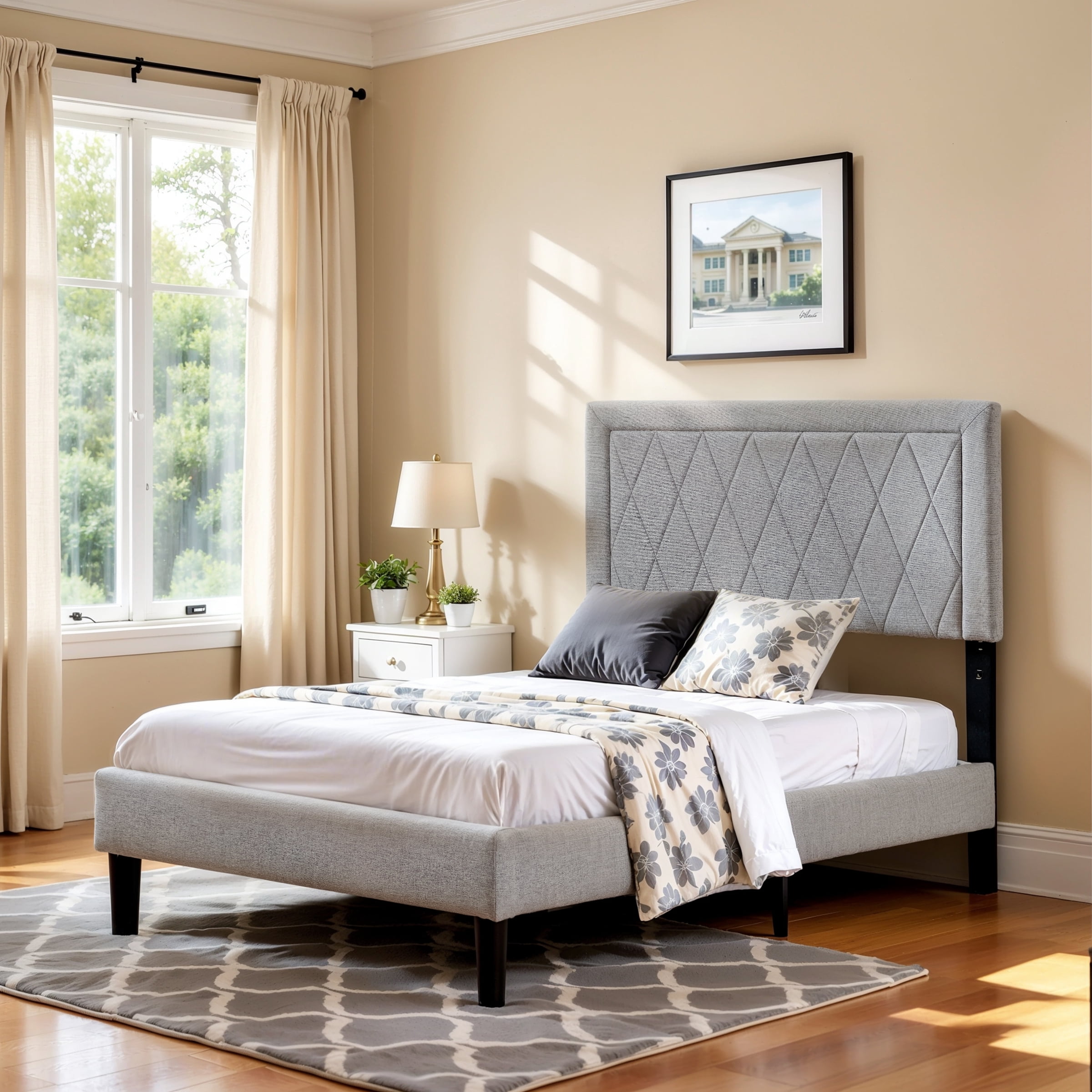 Modern Upholstered Bed Frame,Solid wood Platform,No Box Spring Needed,Full,Gray