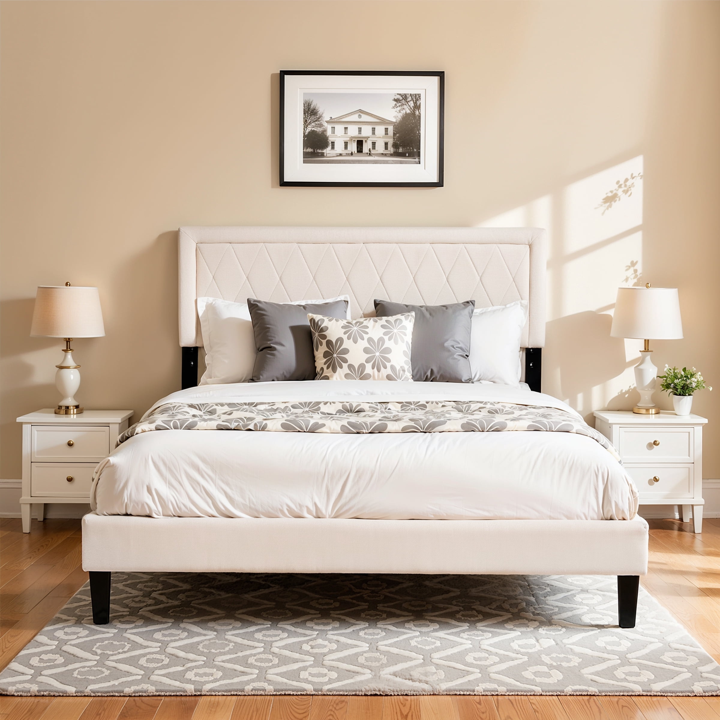 Modern Upholstered Bed Frame,Solid wood Platform,No Box Spring Needed,Queen,Beige