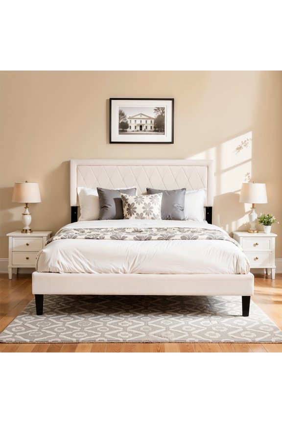 Modern Upholstered Bed Frame,Solid wood Platform,No Box Spring Needed,Queen,Beige