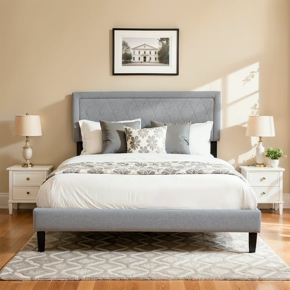 Modern Upholstered Bed Frame,Solid wood Platform,No Box Spring Needed,Queen,Gray