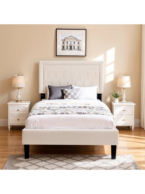 Modern Upholstered Bed Frame,Solid wood Platform,No Box Spring Needed,Twin,Beige