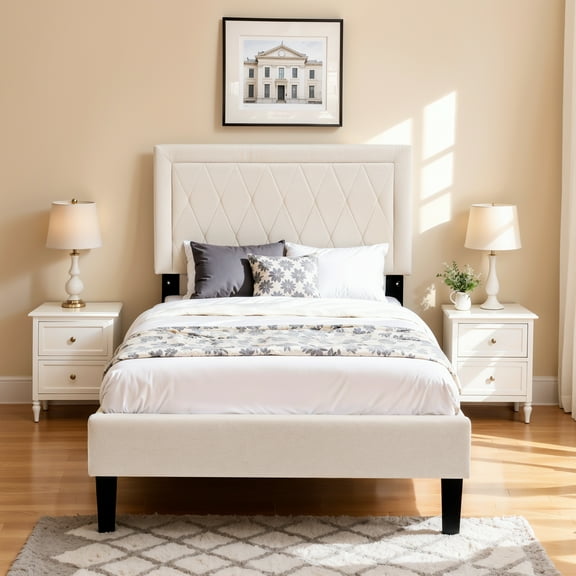 Modern Upholstered Bed Frame,Solid wood Platform,No Box Spring Needed,Twin,Beige
