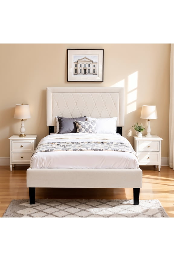 Modern Upholstered Bed Frame,Solid wood Platform,No Box Spring Needed,Twin,Beige