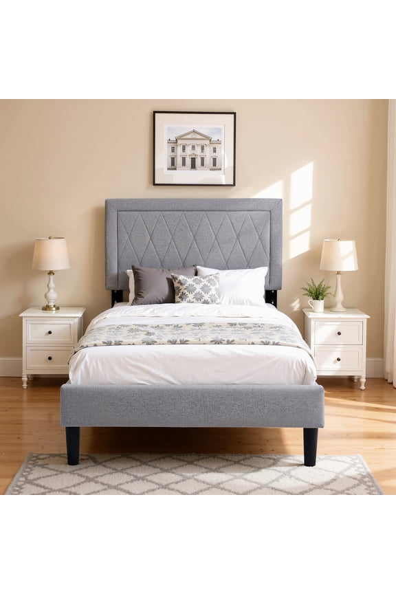 Modern Upholstered Bed Frame,Solid wood Platform,No Box Spring Needed,Twin,Gray