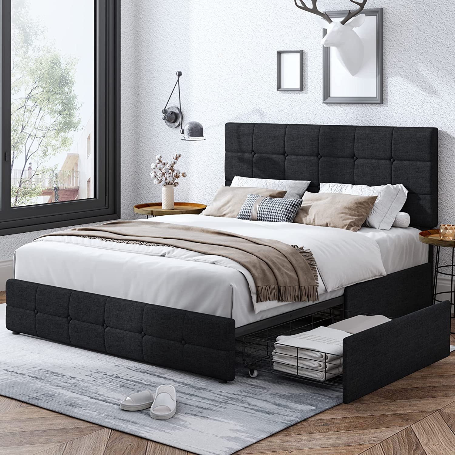 Modern Upholstered Bed Frame with 4 Drawers Platform Bed with Button