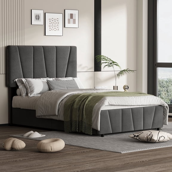 Platform Bed Frame with Storage – Modern Upholstered Bed with Adjustable Headboard & 4 Drawers
