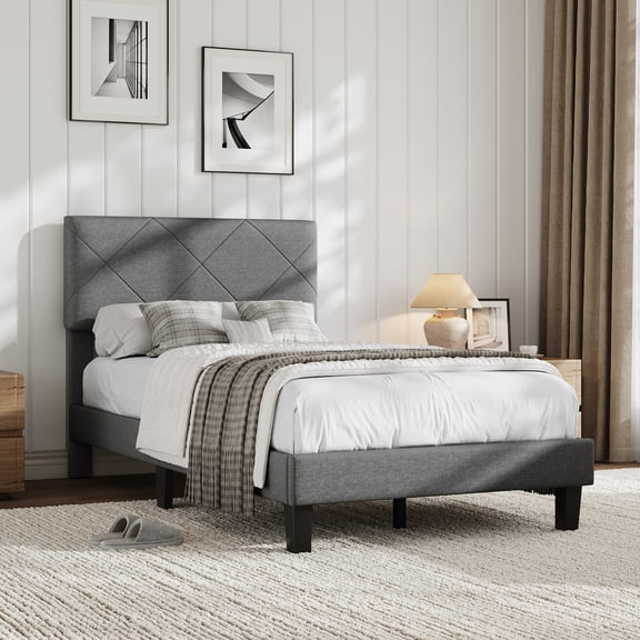 Modern Upholstered Bed Frame with High-Quilted Headboard – Gray Fabric Platform. 900lb Capacity. Twin size