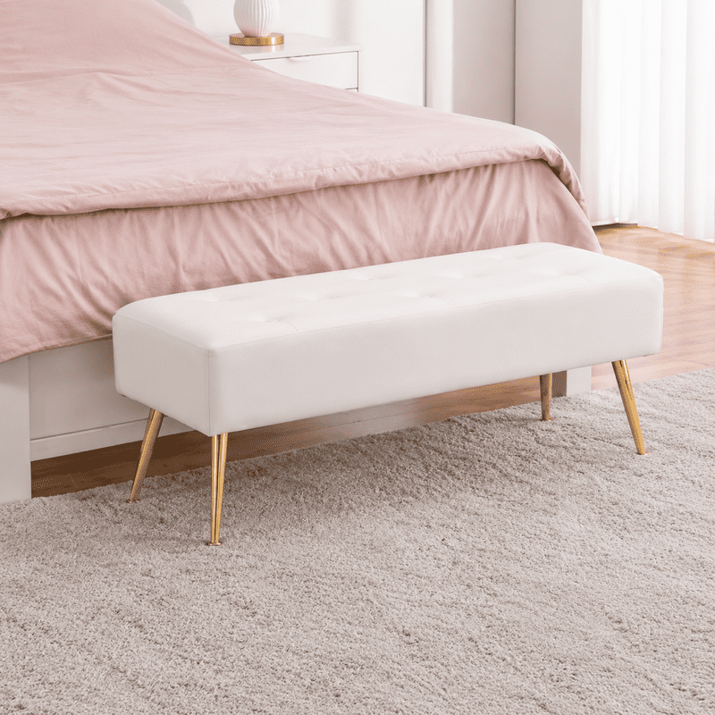 Modern Upholstered Bedroom Bench, 44.75" Tufted Ottoman Bench with Gold Metal Legs, End of Bed Bench, Entryway Shoe Bench, Narrow Space Accent Seating, 285 lbs Capacity,PU,White