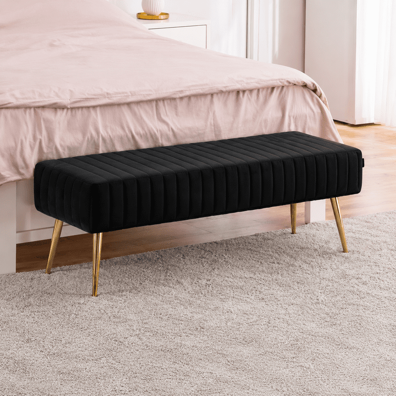 Modern Upholstered Bedroom Bench, End of Bed Bench with Gold Metal Legs, Fabric Entryway Bench Ottoman, Padded Accent Bench for Bedroom, Living Room, Hallway, Black