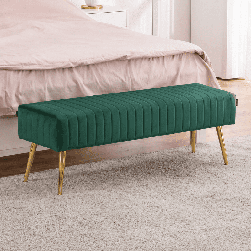 Modern Upholstered Bedroom Bench, End of Bed Bench with Gold Metal Legs, Fabric Entryway Bench Ottoman, Padded Accent Bench for Bedroom, Living Room, Hallway, Green