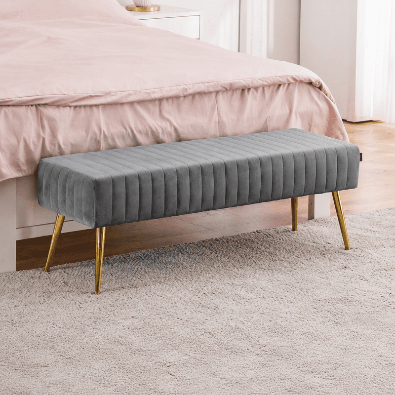 Modern Upholstered Bedroom Bench, End of Bed Bench with Gold Metal Legs, Fabric Entryway Bench Ottoman, Padded Accent Bench for Bedroom, Living Room, Hallway, Grey