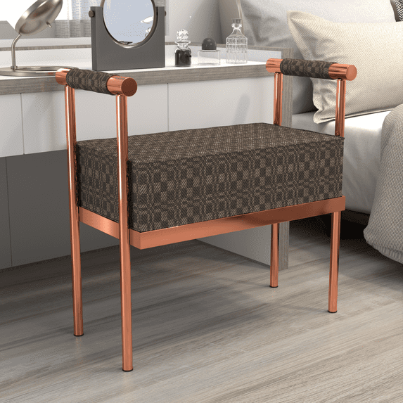 Modern Upholstered Bench Seat with Copper Frame,Ottoman Bench with Armrests, Entryway Bench Living Room Foot Rest Stool,Footrest Foot Stool with Sturdy Metal Frame