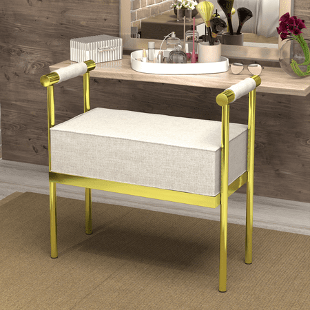 Modern Upholstered Bench Seat with Gold Frame,Ottoman Bench with Armrests, Entryway Bench Living Room Foot Rest Stool,Footrest Foot Stool with Sturdy Metal Frame