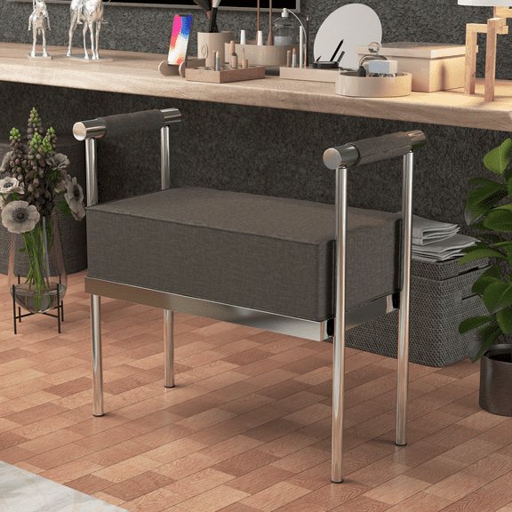 Modern Upholstered Bench Seat with Silver Frame,Ottoman Bench with Armrests, Entryway Bench Living Room Foot Rest Stool,Footrest Foot Stool with Sturdy Metal Frame