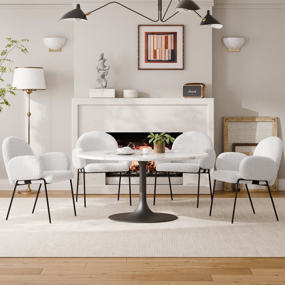 Modern Upholstered Boucle Dining Chair with Armrests