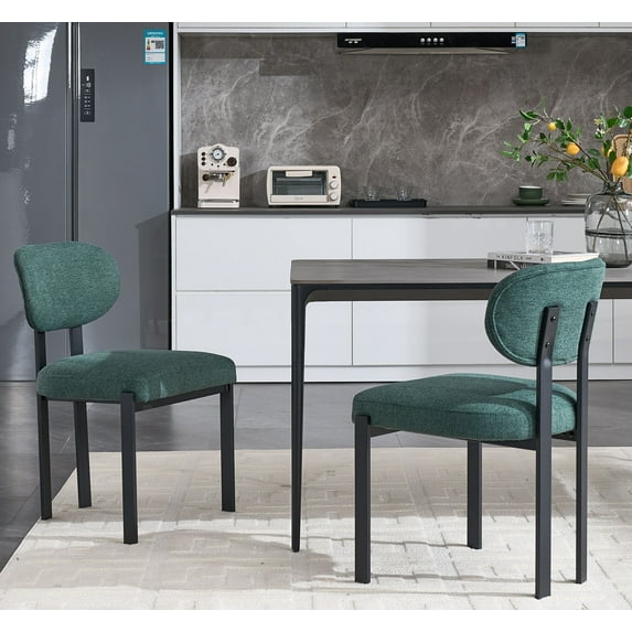 Modern Upholstered Boucle Dining Room Chairs Set of 2 with Stylish Black Metal Legs for Kitchen Decor,Antique Green,Black