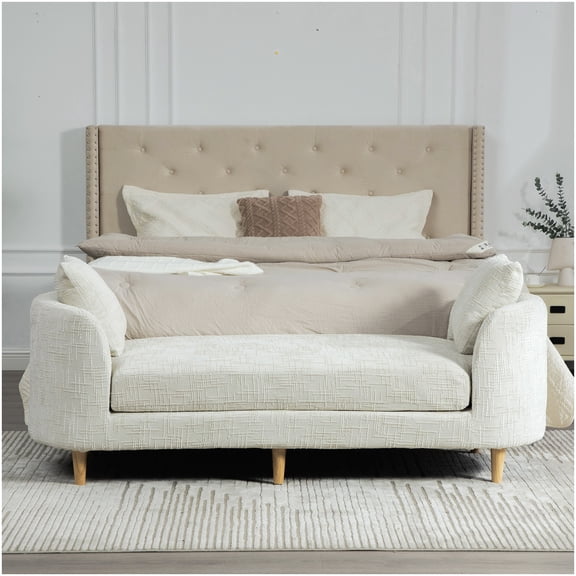 Modern Upholstered Chaise Lounge Bench with Armrests and Pillows, Beige Chenille Daybed for Living Room, Bedroom, and Apartment Seating