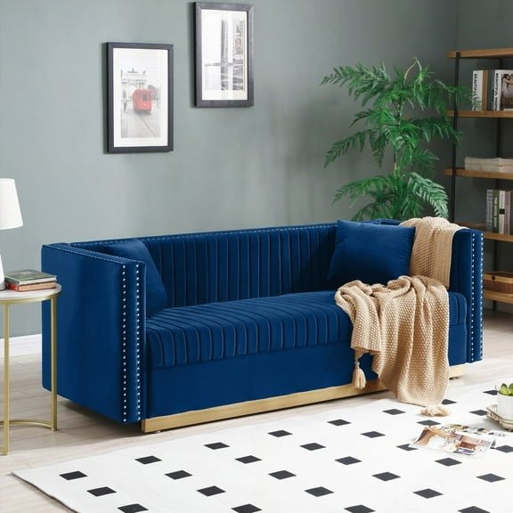 Modern Upholstered Couch with 2 Pillows - Vertical Channel Tufted Velvet, Blue