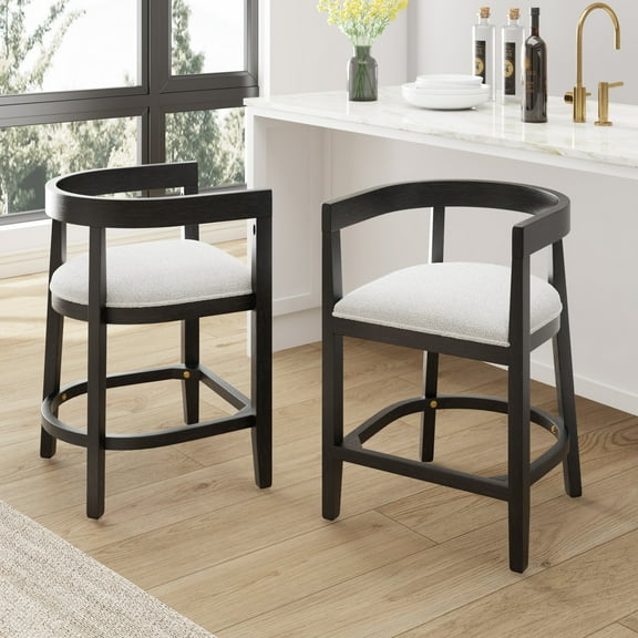 Modern Upholstered Counter Stools with Cutout Barrel Back and Rubberwood Frame, Beige+Black, Set of 2