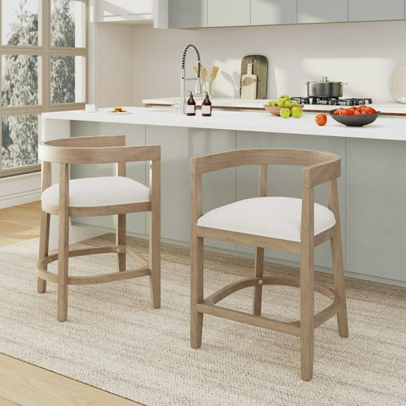 Modern Upholstered Counter Stools with Cutout Barrel Back and Rubberwood Frame, Beige+Light Ash, Set of 2