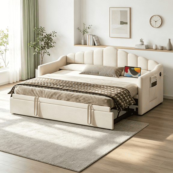 Modern Upholstered Daybed with Trundle and Charging Ports, Twin Size Platform Bed Frame with Side Pockets for Guest Room and Apartment