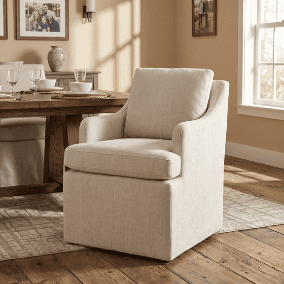 VKNOW Upholstered Dining Chairs, Modern Kitchen Chairs Dinner Chairs with 4 Casters, Chenille Armchair for Bedroom Reading Room Living Room,Cream