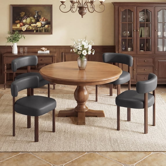 AFO Upholstered Dining Chair Set of 4, Faux Leather Kitchen Side Chairs with Wood Legs Ergonomic Curved Back for Dining Room and Cafe, Black