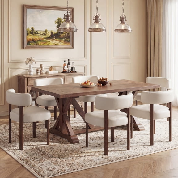 AFO Upholstered Dining Chair Set of 6, Faux Leather Kitchen Side Chairs with Wood Legs Ergonomic Curved Back for Dining Room and Cafe, Beige