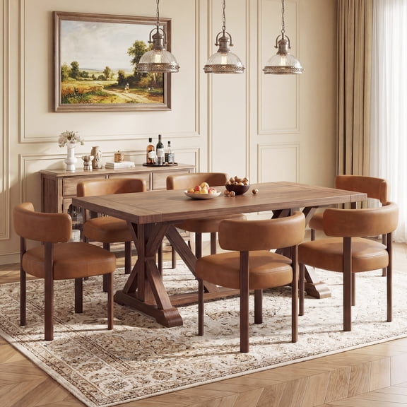 AFO Upholstered Dining Chair Set of 6, Faux Leather Kitchen Side Chairs with Wood Legs Ergonomic Curved Back for Dining Room and Cafe, Brown