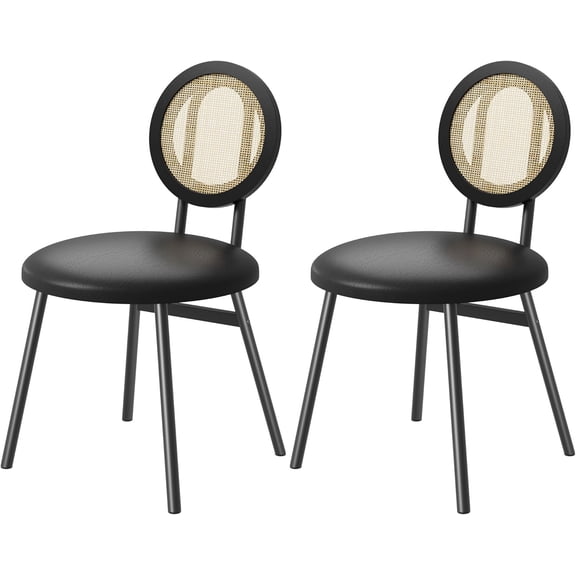Modern Upholstered Dining Chair Set | Cane Rattan Back, Thick Cushioned Seats, Ergonomic Metal Legs, Space Saving for Kitchen Dining Room, Black 2-Pack