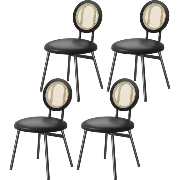 Modern Upholstered Dining Chair Set | Cane Rattan Back, Thick Cushioned Seats, Ergonomic Metal Legs, Space Saving for Kitchen Dining Room, Black 4-Pack