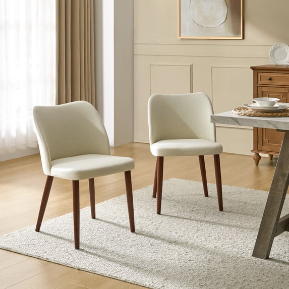 Modern Upholstered Dining Chairs Armless Side Chairs Set of 2 Curved Backrest Solid Wood Legs Dining Room Kitchen Ivory