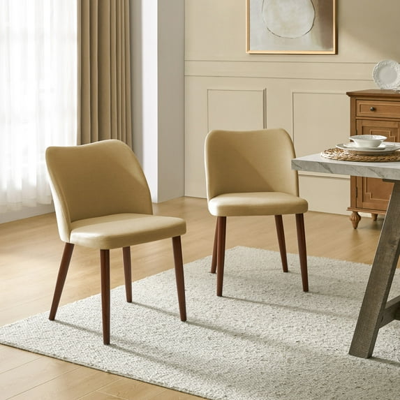 Modern Upholstered Dining Chairs Armless Side Chairs Set of 2 Curved Backrest Solid Wood Legs Dining Room Kitchen Tan