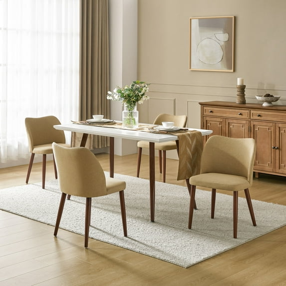 Modern Upholstered Dining Chairs Armless Side Chairs Set of 4 Curved Backrest Solid Wood Legs Dining Room Kitchen Tan